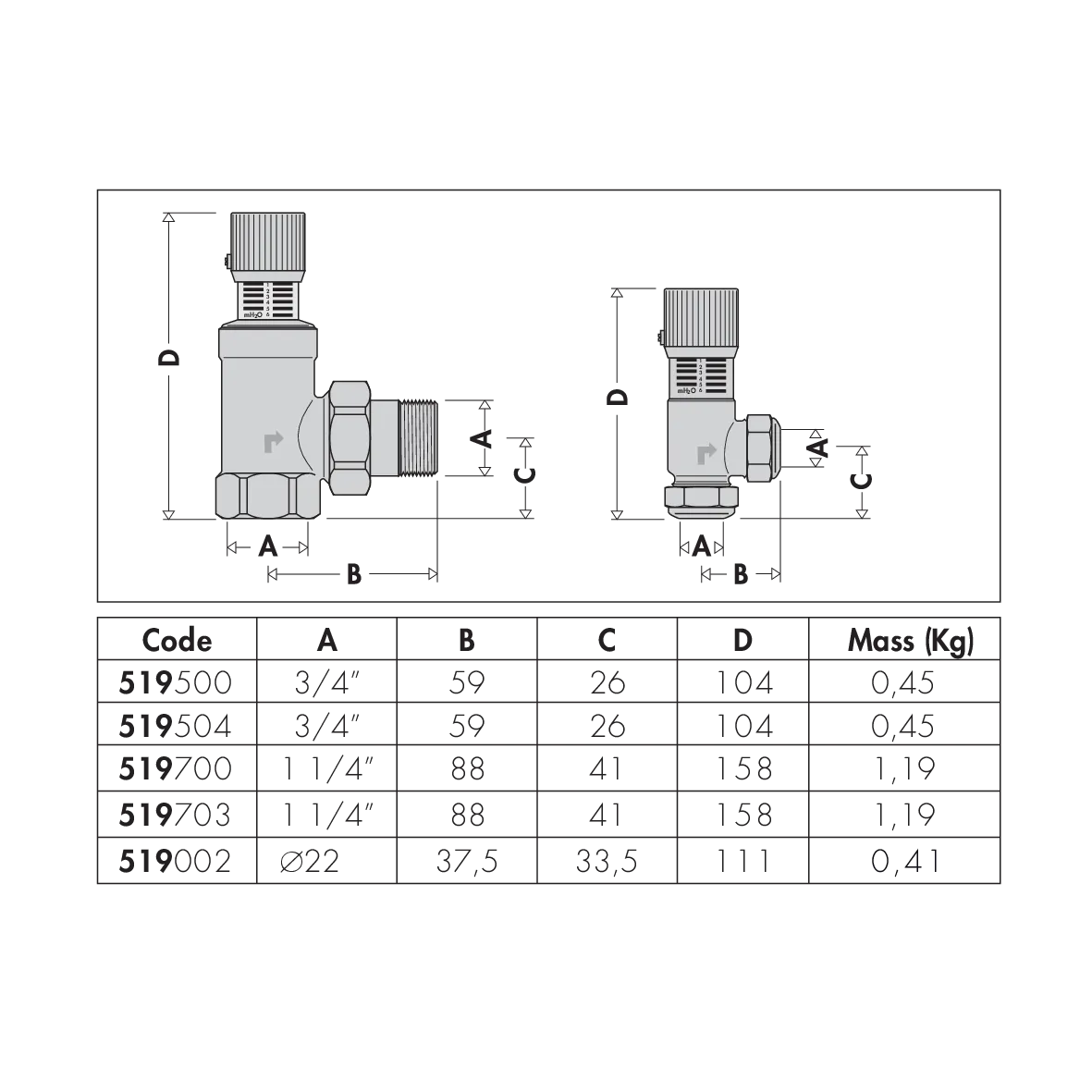 Disegno dimensionale valvola by-pass differenziale Caleffi 519500