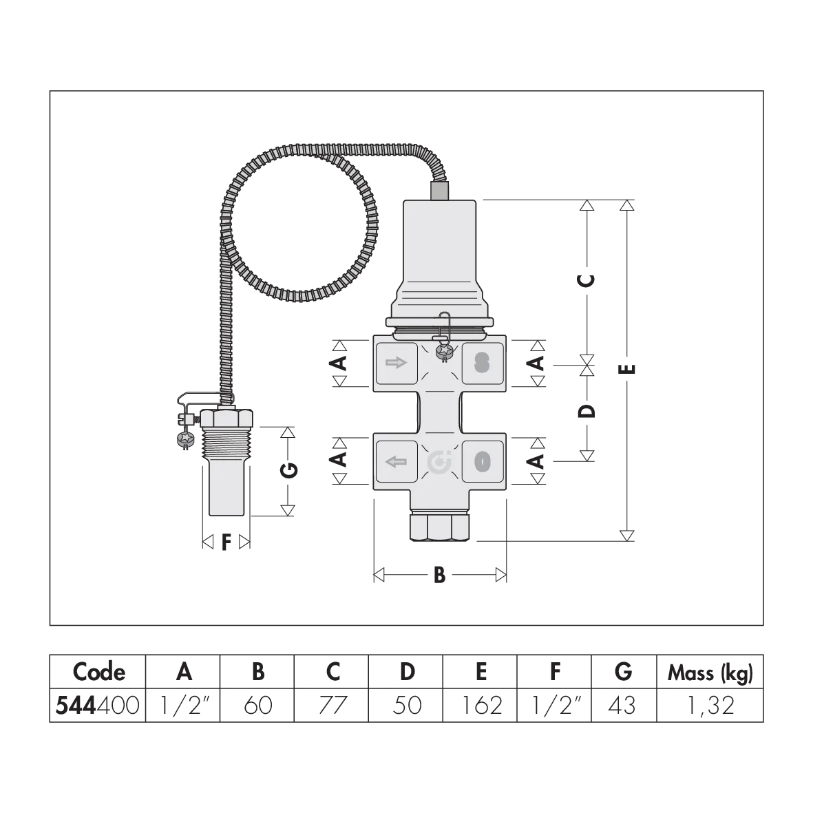 Disegno dimensionale Caleffi 544400 valvola scarico termico con reintegro