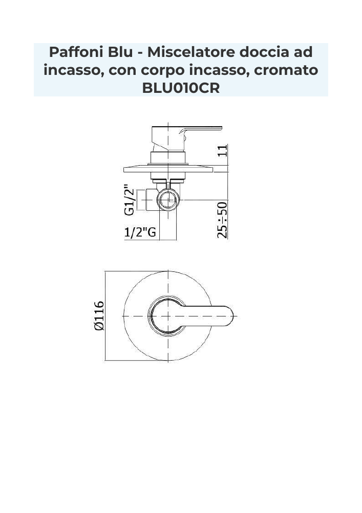 Disegno quotato per il montaggio di Paffoni BLU010CR, dimensioni in millimetri