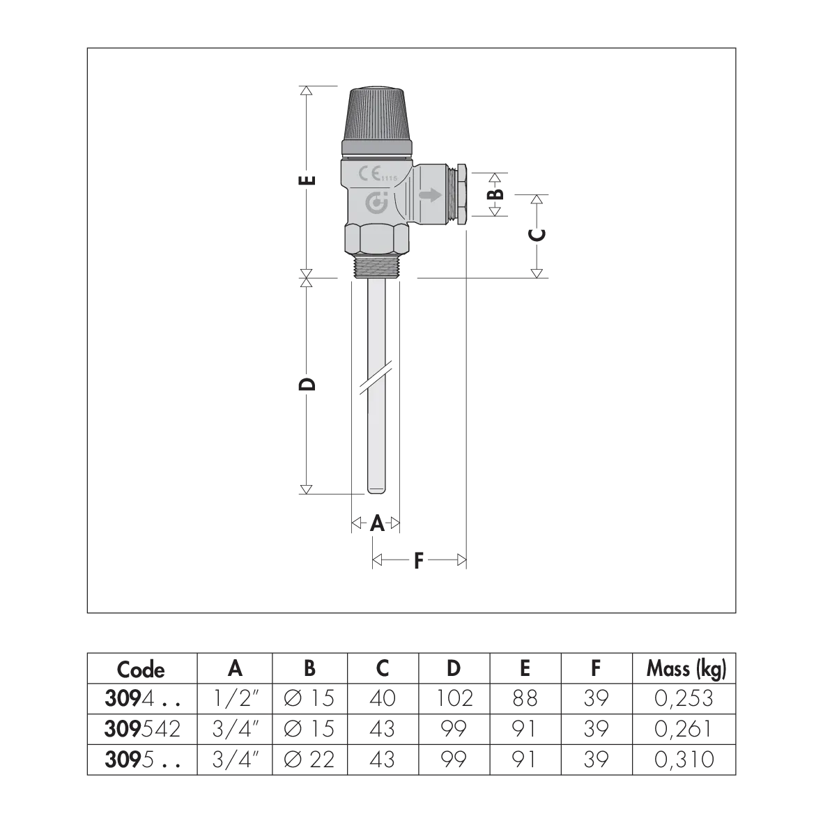 Disegno dimensionale Caleffi 309 valvola temperatura e pressione