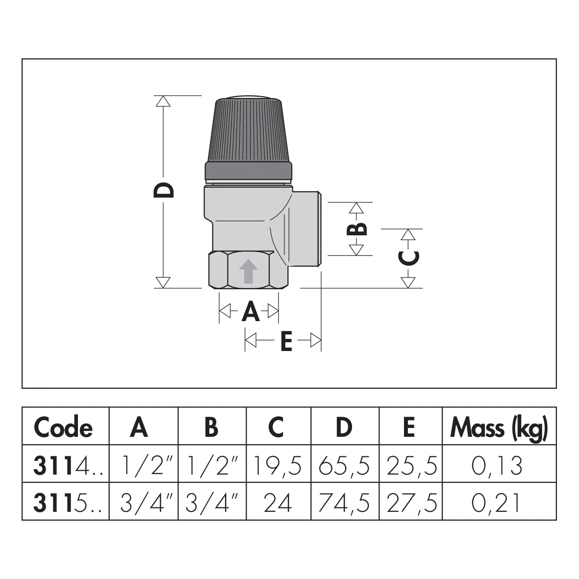 Disegno dimensionale valvola sicurezza Caleffi 311