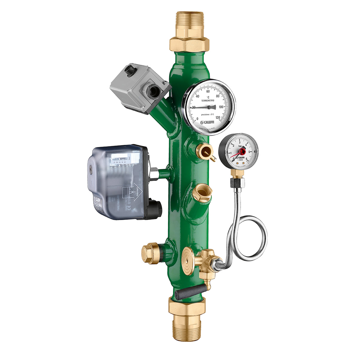 Caleffi serie 335 collettore portastrumenti INAIL con termostato pressostato manometro termometro