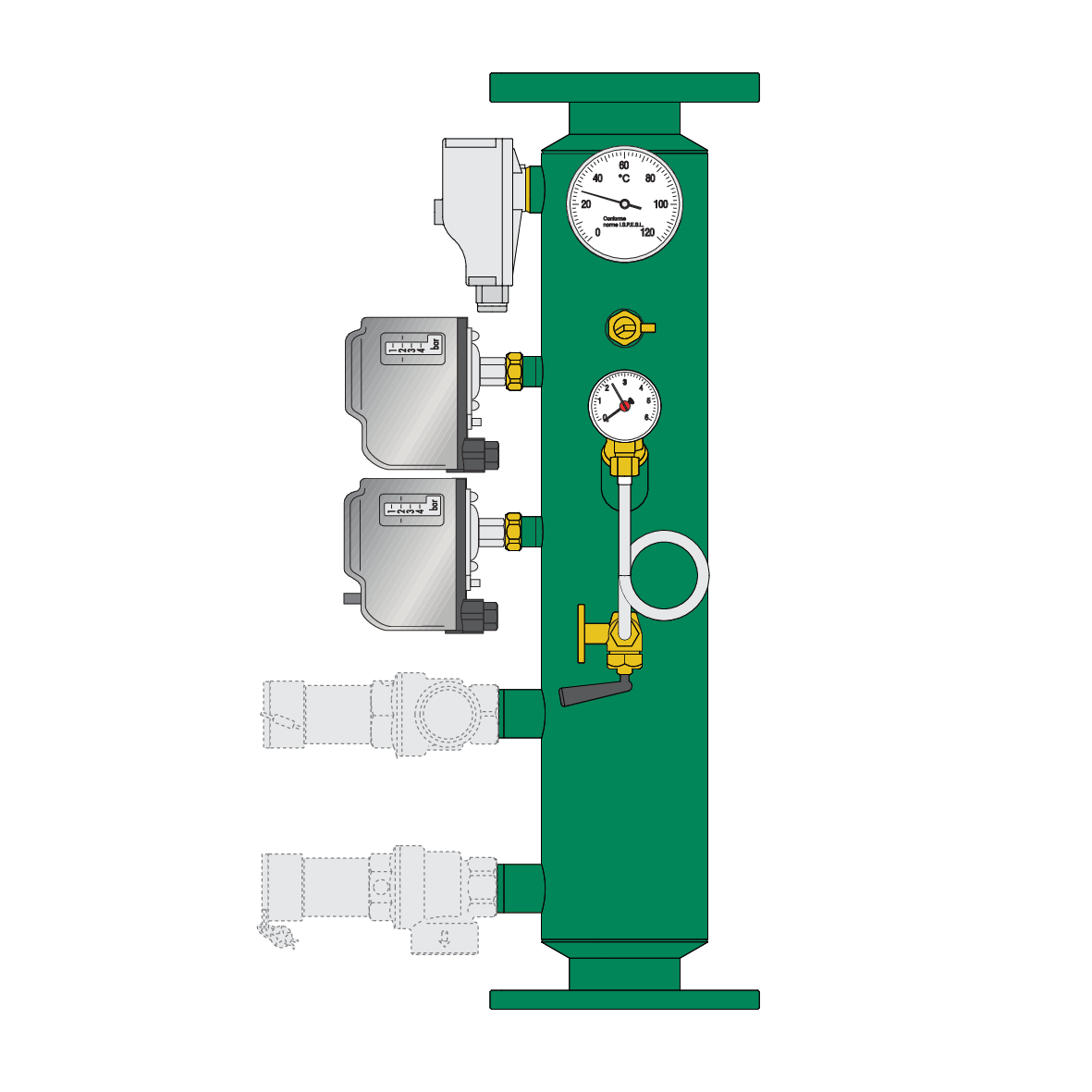 Caleffi serie 335 collettore flangiato DN65 e DN80 con doppio pressostato, schema tecnico