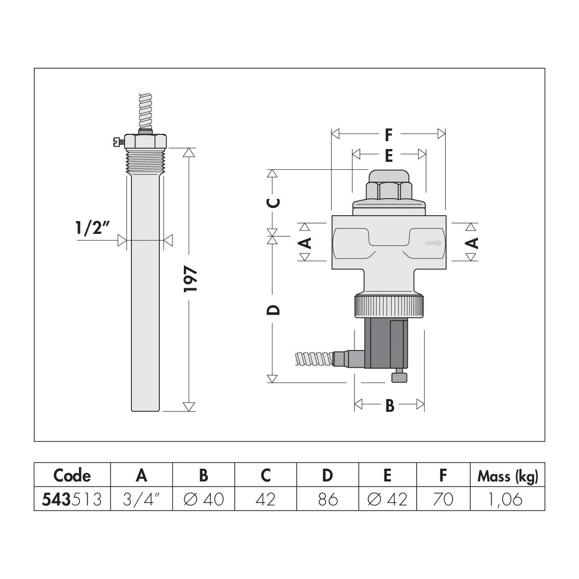 Disegno dimensionale valvola Caleffi serie 543 codice 543513