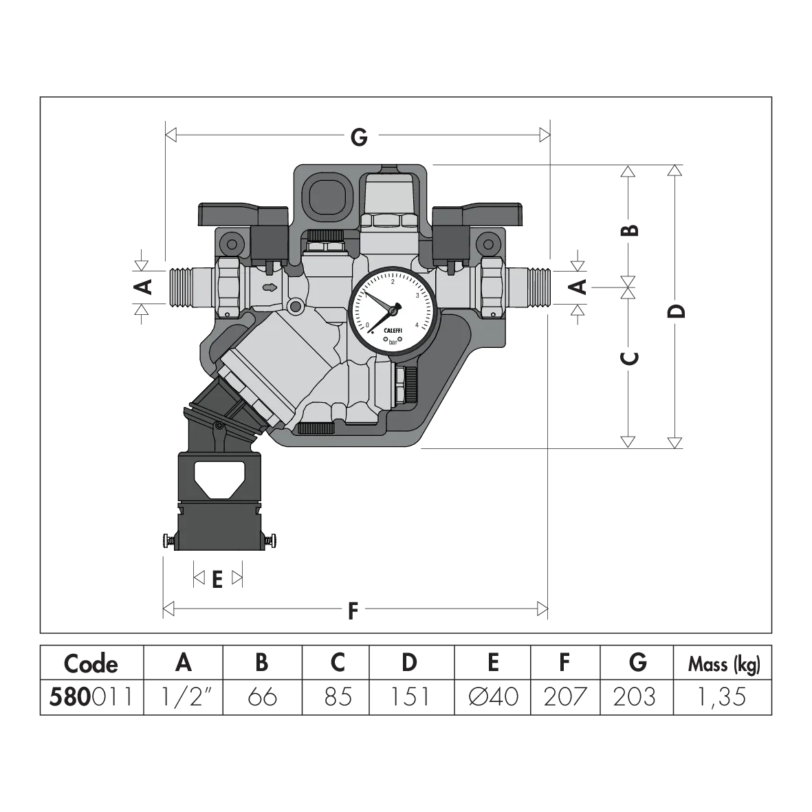 Disegno dimensionale ufficiale Caleffi 580011, gruppo compatto disconnettore BA