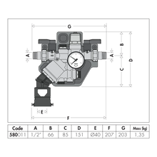 Disegno dimensionale ufficiale Caleffi 580011, gruppo compatto disconnettore BA