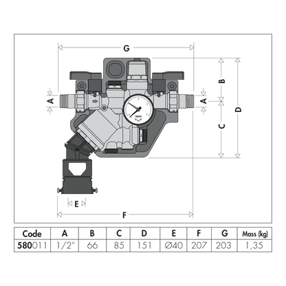 Disegno dimensionale ufficiale Caleffi 580011, gruppo compatto disconnettore BA
