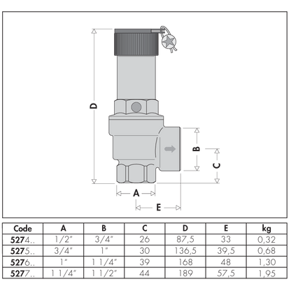 Valvola di sicurezza Caleffi serie 527 – disegno dimensionale ufficiale
