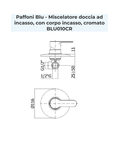 Disegno quotato per il montaggio di Paffoni BLU010CR, dimensioni in millimetri