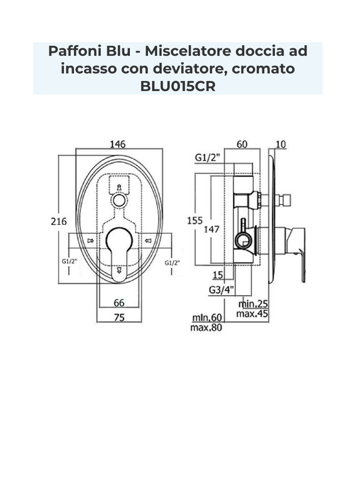 Disegno quotato per il montaggio di Paffoni BLU015CR, dimensioni in millimetri