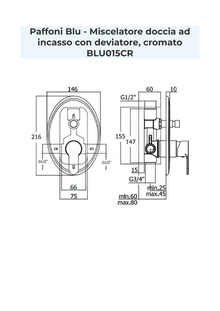 Disegno quotato per il montaggio di Paffoni BLU015CR, dimensioni in millimetri