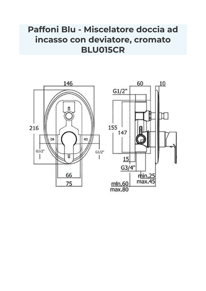 Disegno quotato per il montaggio di Paffoni BLU015CR, dimensioni in millimetri