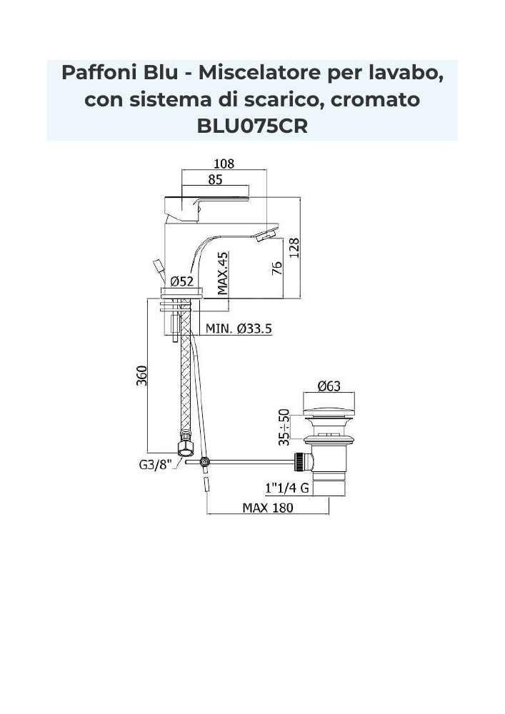 Disegno quotato per il montaggio di Paffoni BLU075CR, dimensioni in millimetri