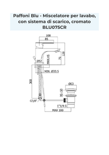 Disegno quotato per il montaggio di Paffoni BLU075CR, dimensioni in millimetri