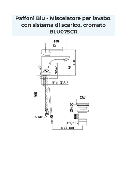 Disegno quotato per il montaggio di Paffoni BLU075CR, dimensioni in millimetri