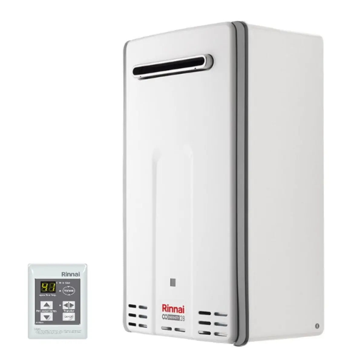 Rinnai Infinity 28e esterno 28 L/min con scarico frontale e comando remoto MC-601 incluso, senza banner promozionali
